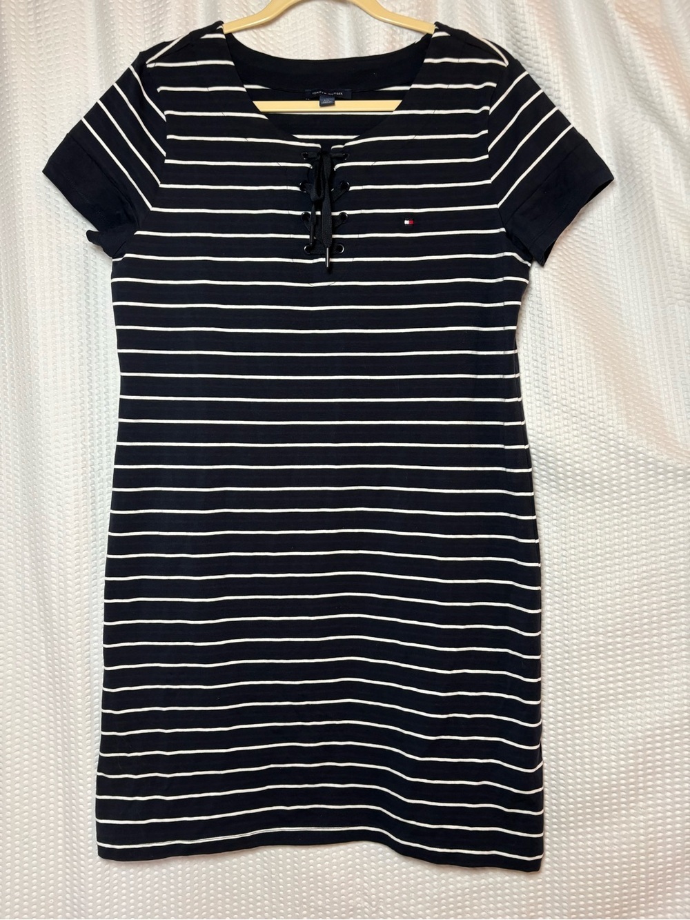 Tommy Hilfiger Striped Short Sleeve T-Shirt Dress tie front navy blue & white L